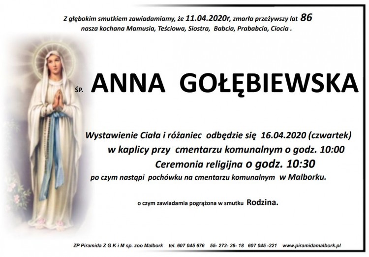 Zmarła Anna Gołębiewska. Żyła 86 lat.