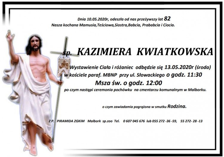 Zmarła Kazimiera Kwiatkowska. Żyła 82 lata.