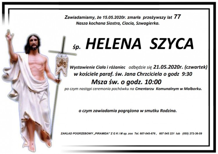 Zmarła Helena Szyca. Żyła 77 lat.