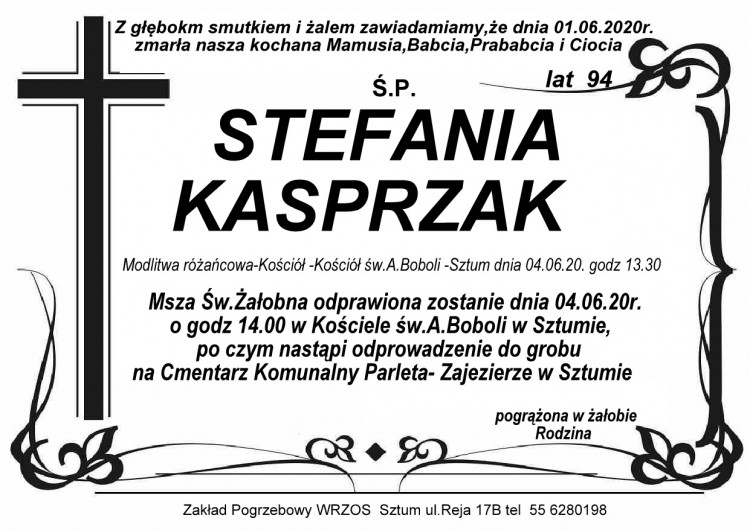 Zmarła Stefania Kasprzak. Żyła 94 lata.