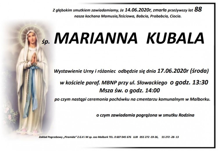 Zmarła Marianna Kubala. Żyła 88 lat.