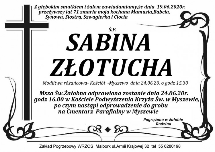 Zmarła Sabina Złotucha. Żyła 71 lat.