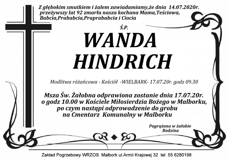 Zmarła Wanda Hindrich. Żyła 92 lata.