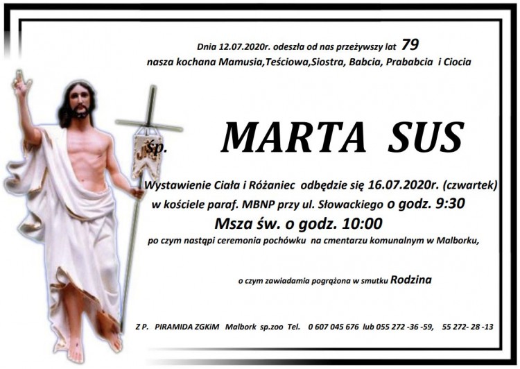 Zmarła Marta Sus. Żyła 79 lat.