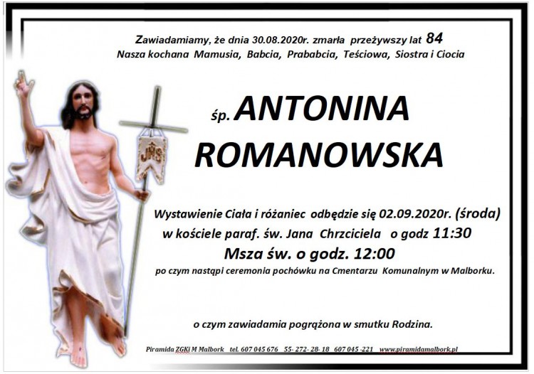 Zmarła Antonina Romanowska. Żyła 84 lata.