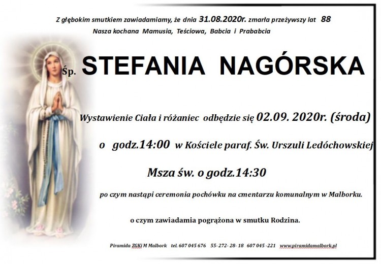 Zmarła Stefania Nagórska. Żyła 88 lat.