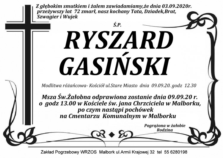 Zmarł Ryszard Gasiński. Żył 72 lata.