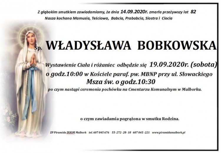 Zmarła Władysława Bobkowska. Żyła 82 lata.