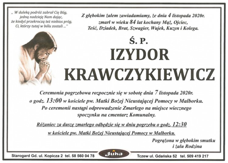 Zmarł Izydor Krawczykiewicz. Żył 84 lata.