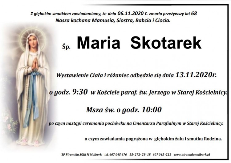 Zmarła Maria Skotarek. Żyła 68 lat.