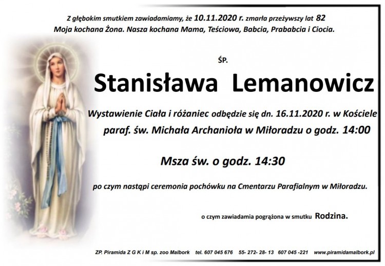 Zmarła Stanisława Lemanowicz. Żyła 82 lata.