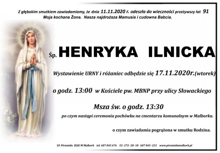 Zmarła Henryka Ilnicka. Żyła 91 lat.