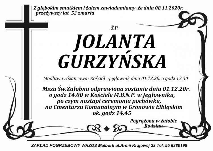 Zmarła Jolanta Gurzyńska. Żyła 52 lata.