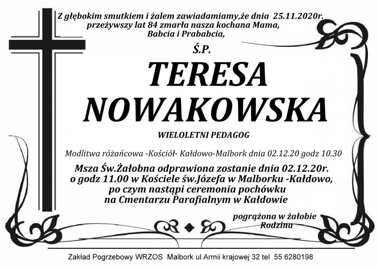 Zmarła Teresa Nowakowska. Żyła 84 lata.