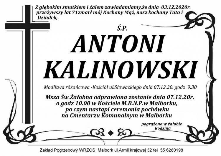 Zmarł Antoni Kalinowski. Żył 71 lat.