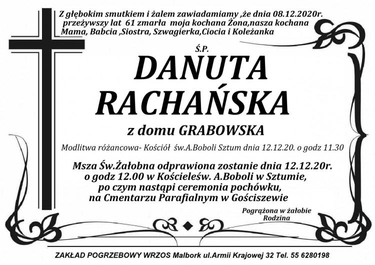 Zmarła Danuta Rachańska. Żyła 61 lat.