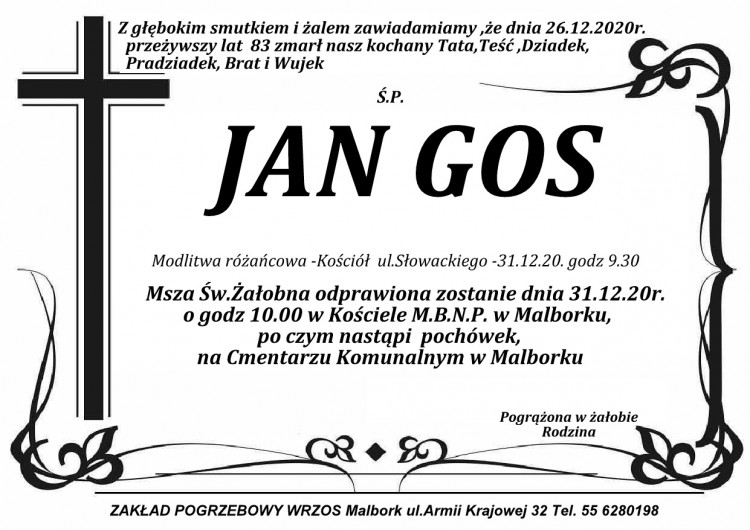Zmarł Jan Gos. Żył 83 lata.