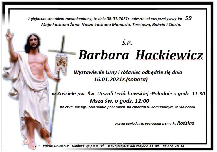 Zmarła Barbara Hackiewicz. Żyła 59 lat.