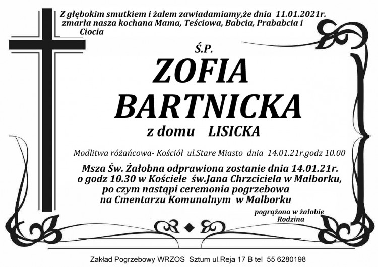 Zmarła Zofia Bartnicka z domu Lisicka.