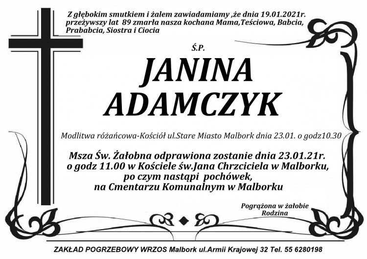 Zmarła Janina Adamczyk. Żyła 89 lat.