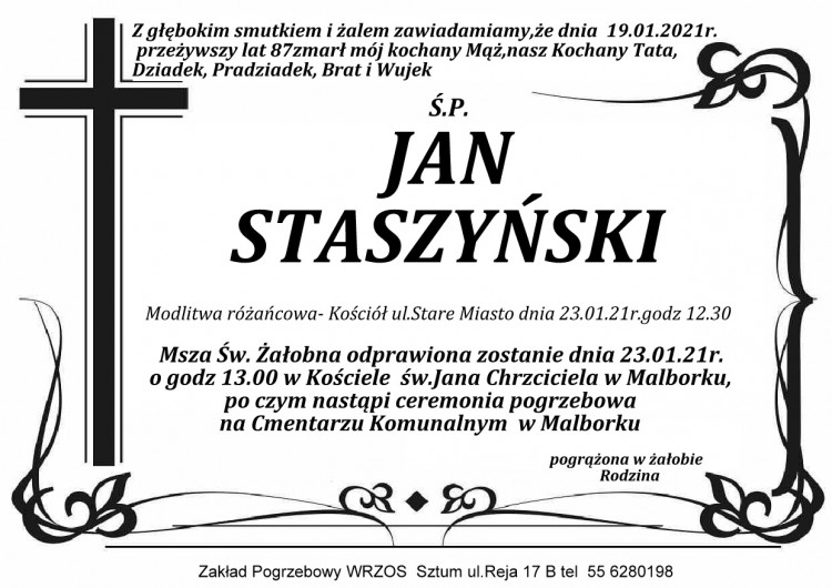 Zmarł Jan Staszyński. Żył 87 lat.