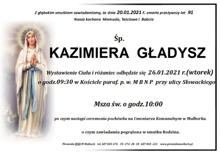 Zmarła Kazimiera Gładysz. Żyła 91 lat.