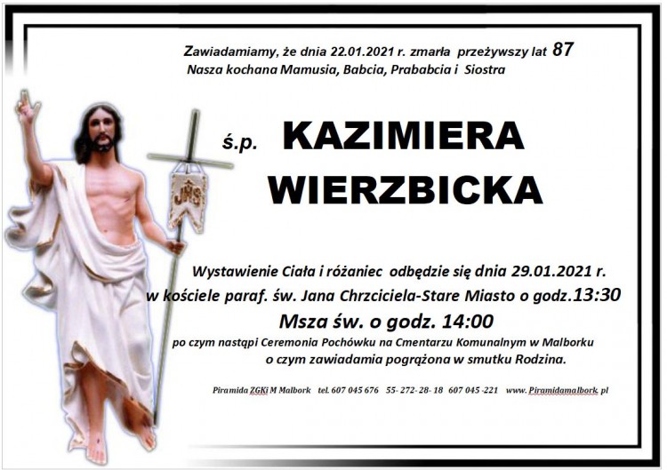 Zmarła Kazimiera Wierzbicka. Żyła 87 lat.