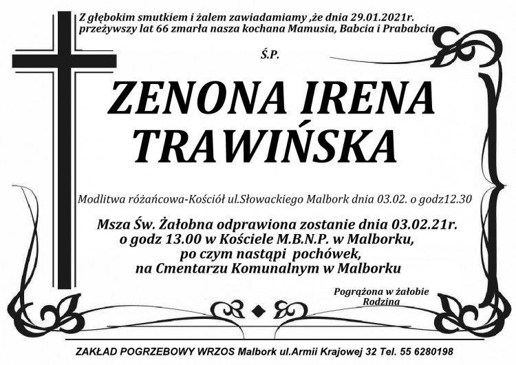 Zmarła Zenona Irena Trawińska. Żyła 66 lat.