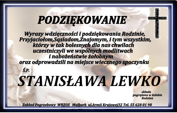 Podziękowanie za udział w ceremonii pogrzebowej śp. Stanisława Lewko.