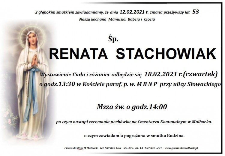 Zmarła Renata Stachowiak. Żyła 53 lata.