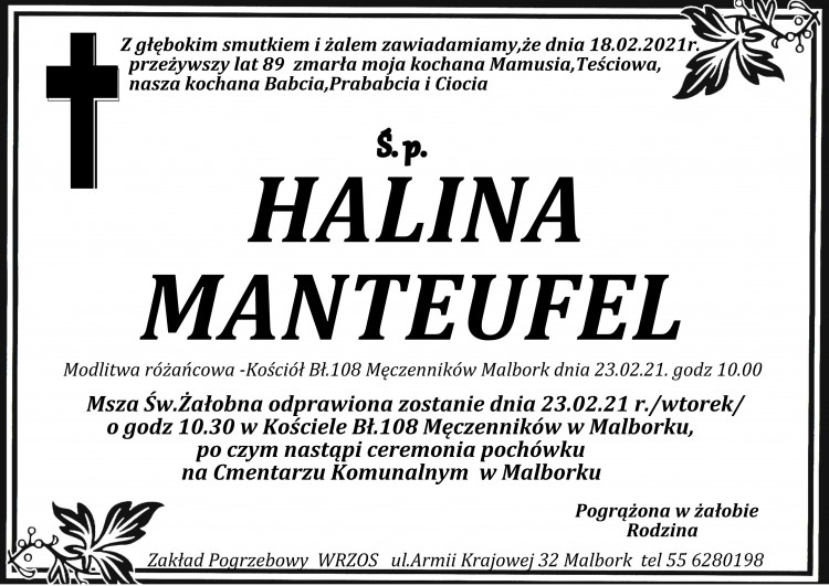 Zmarła Halina Manteufel. Żyła 89 lat.