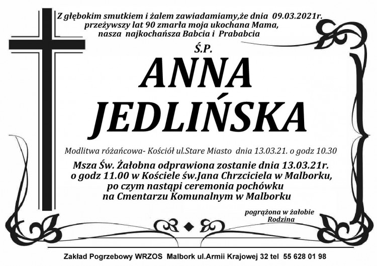 Zmarła Anna Jedlińska. Żyła 90 lat.