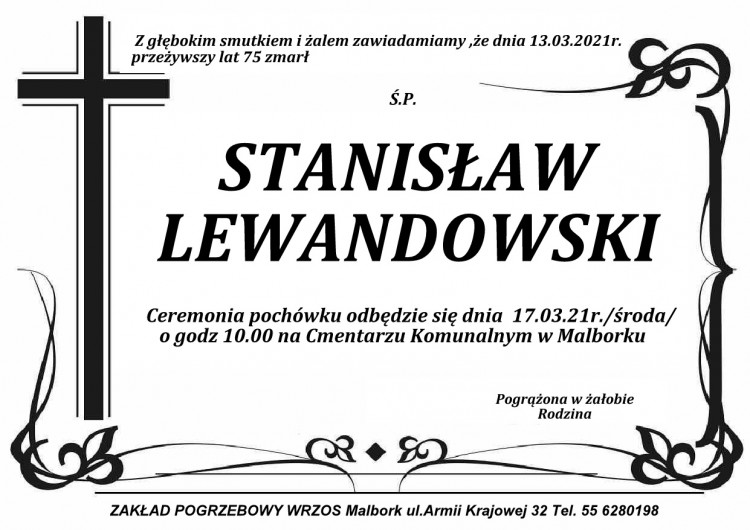 Zmarł Stanisław Lewandowski. Żył 75 lat.