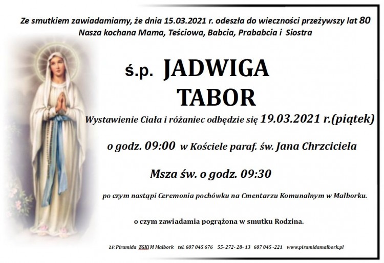 Zmarła Jadwiga Tabor. Żyła 80 lat.