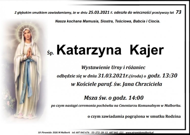 Zmarła Katarzyna Kajer. Żyła 73 lata.