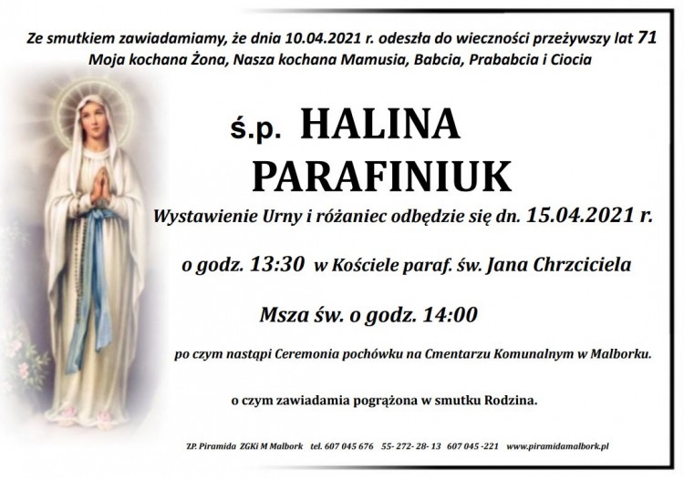 Zmarła Halina Parafiniuk. Żyła 71 lat.
