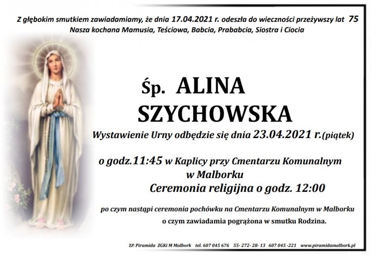 Zmarła Alina Szychowska. Żyła 75 lat.