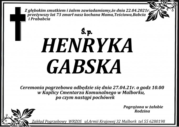 Zmarła Henryka Gabska. Żyła 73 lata.