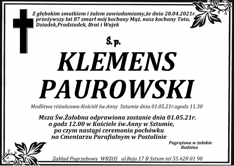 Zmarł Klemens Paurowski. Żył 87 lat.