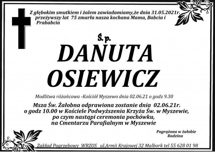 Zmarła Danuta Osiewicz. Żyła 75 lat.