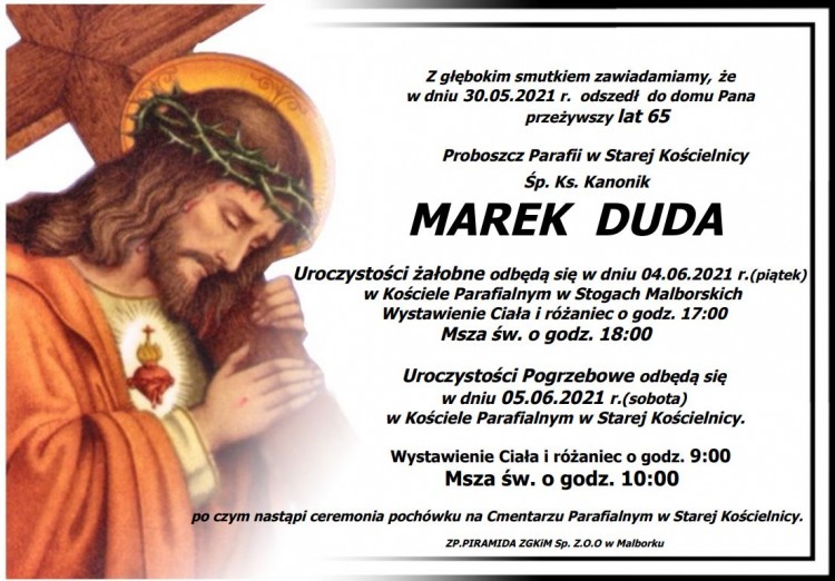Zmarł Ksiądz Kanonik Marek Duda. Żył 65 lat.