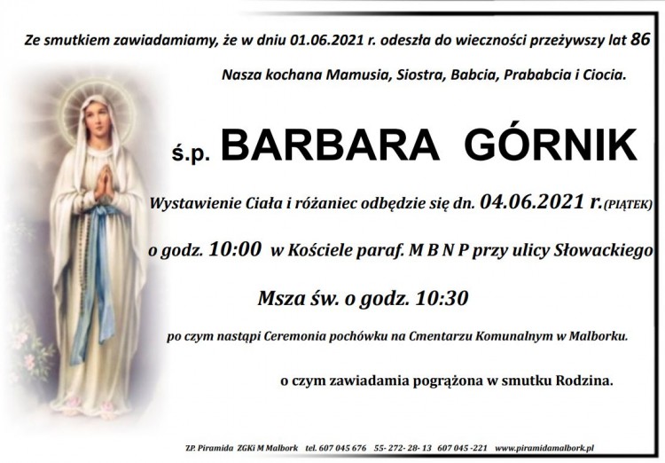 Zmarła Barbara Górnik. Żyła 86 lat.