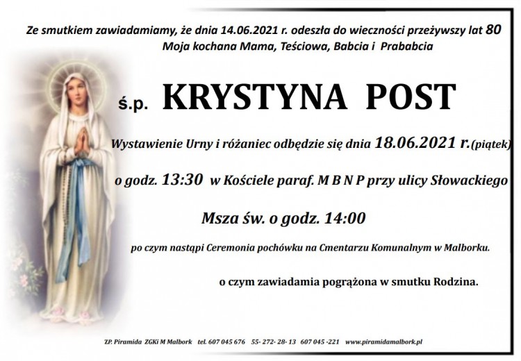 Zmarła Krystyna Post. Żyła 80 lat.