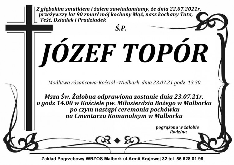 Zmarł Józef Topór. Żył 90 lat.