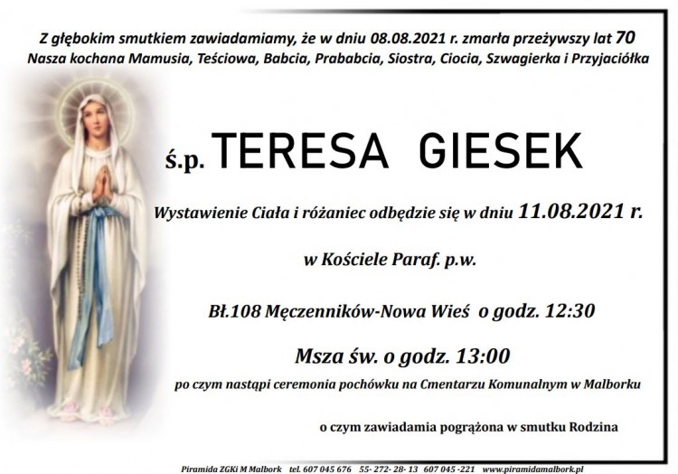Zmarła Teresa Giesek. Żyła 70 lat.