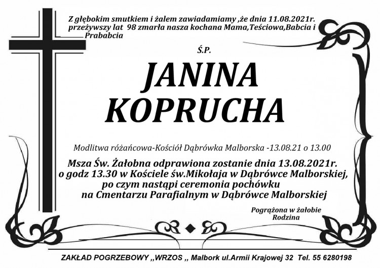 Zmarła Janina Koprucha. Żyła 98 lat.