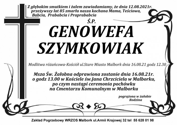Zmarła Genowefa Szymkowiak. Żyła 85 lat.