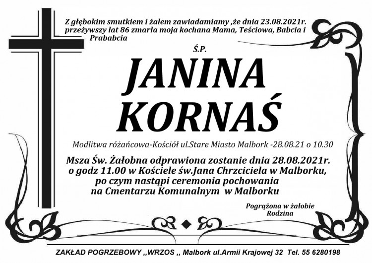 Zmarła Janina Kornaś. Żyła 86 lat.