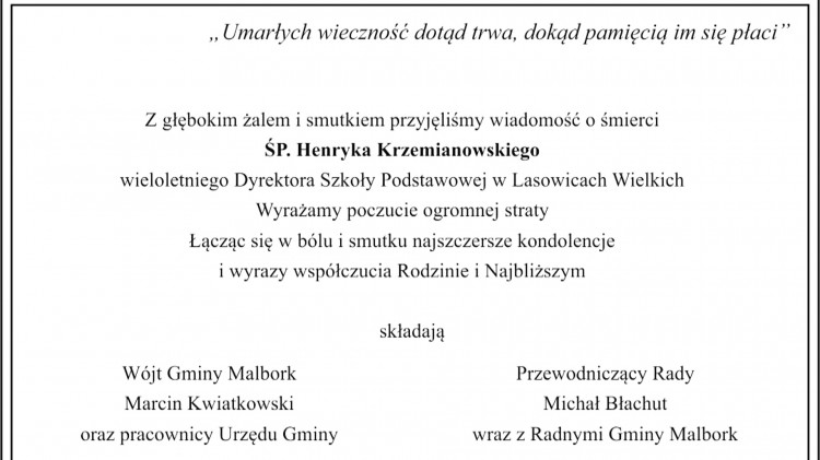 Kondolencje Wójta Gminy Malbork, pracowników Urzędu Gminy, Przewodniczącego&#8230;