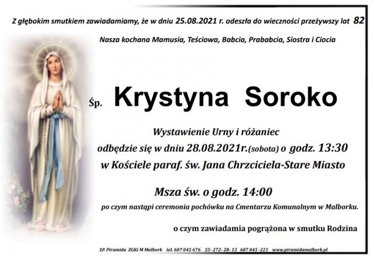 Zmarła Krystyna Soroko. Żyła 82 lata.